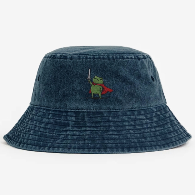 Huzzah Frog with Sword  Embroidery Washed Bucket Hat 