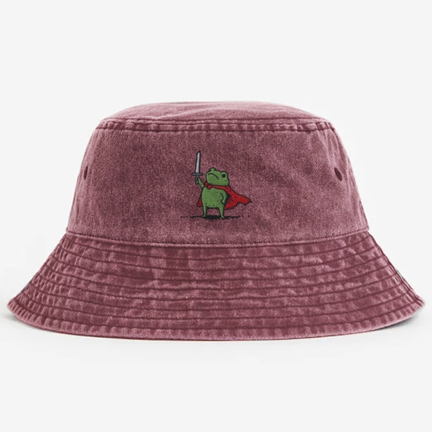 Huzzah Frog with Sword  Embroidery Washed Bucket Hat 