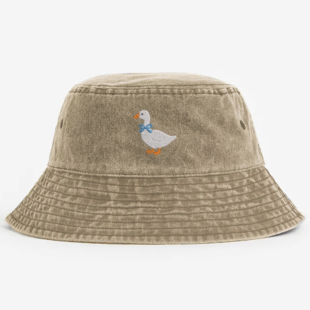 Goose Embroidery Pattern Washed Bucket Hat 
