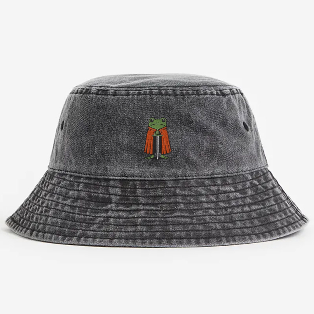 Funny Knight Frog Embroidered  Washed Bucket Hat 