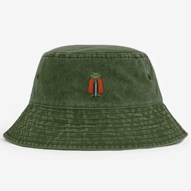 Funny Knight Frog Embroidered  Washed Bucket Hat 