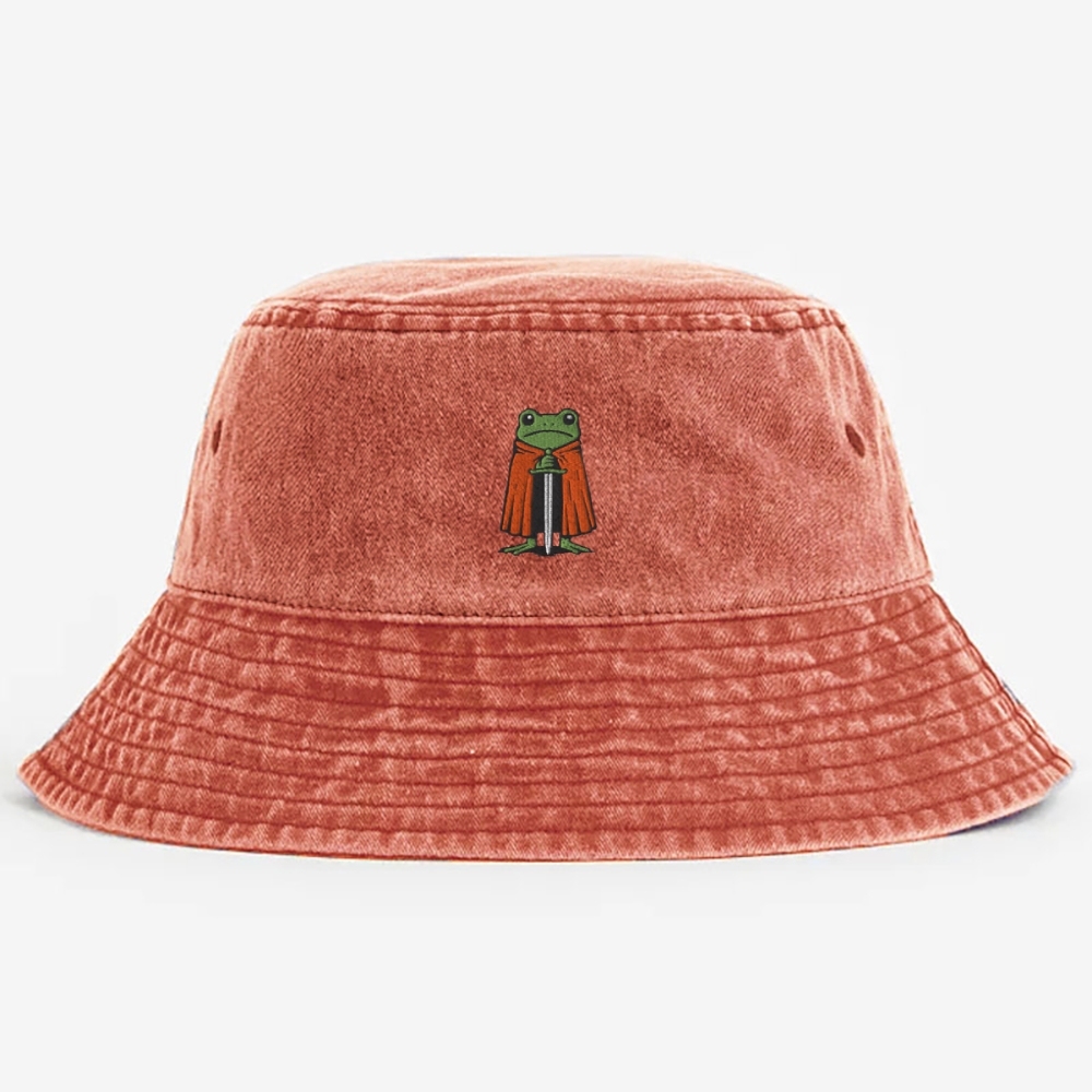 Funny Knight Frog Embroidered  Washed Bucket Hat 