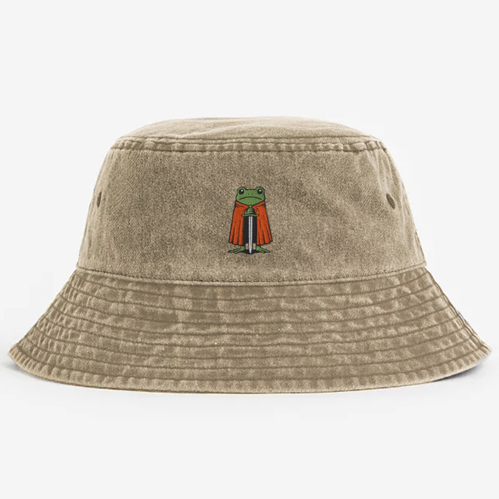 Funny Knight Frog Embroidered  Washed Bucket Hat 