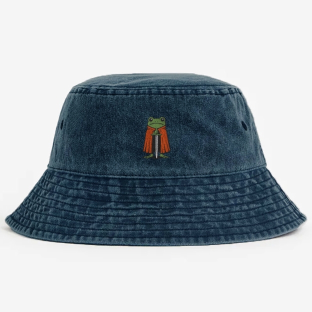 Funny Knight Frog Embroidered  Washed Bucket Hat 