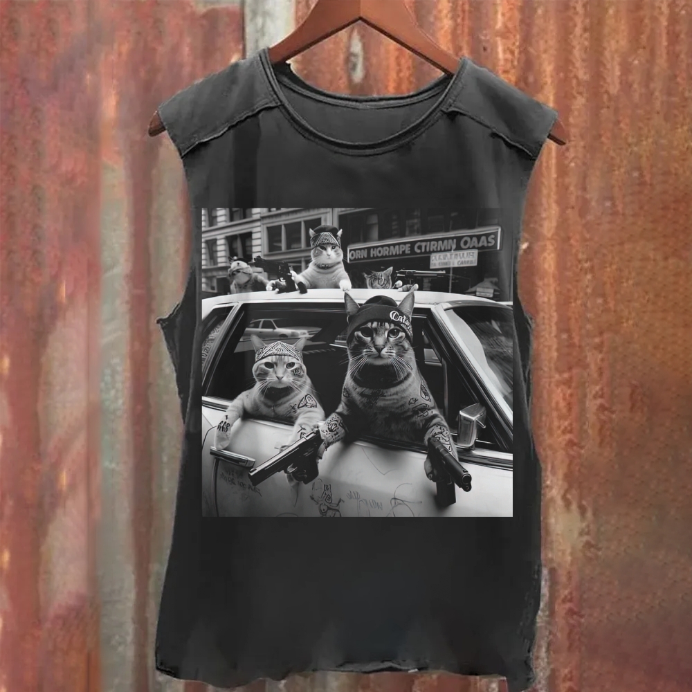Funny Cat Gang Vintage Washed Tank Top 