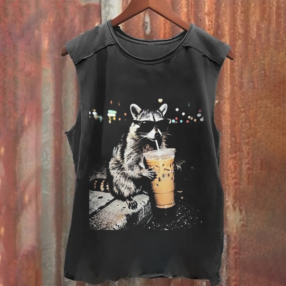 Funny Raccoon Drinking Iced Coffee Washed Tank Top