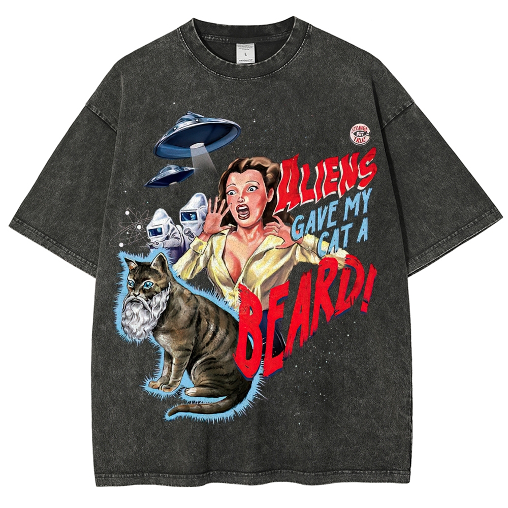 "Aliens Gave My Cat A Beard" Retro B-Movie Washed T-Shirt