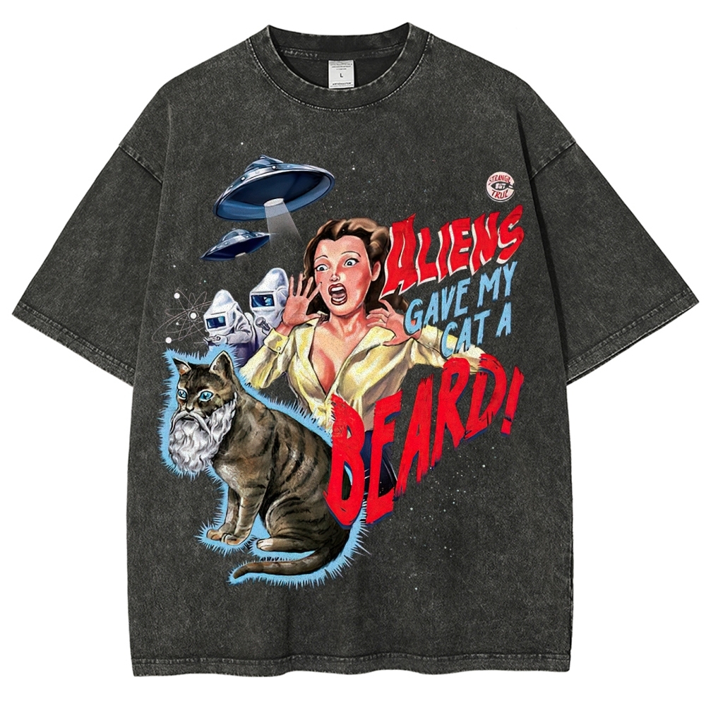 "Aliens Gave My Cat A Beard" Retro B-Movie Washed T-Shirt