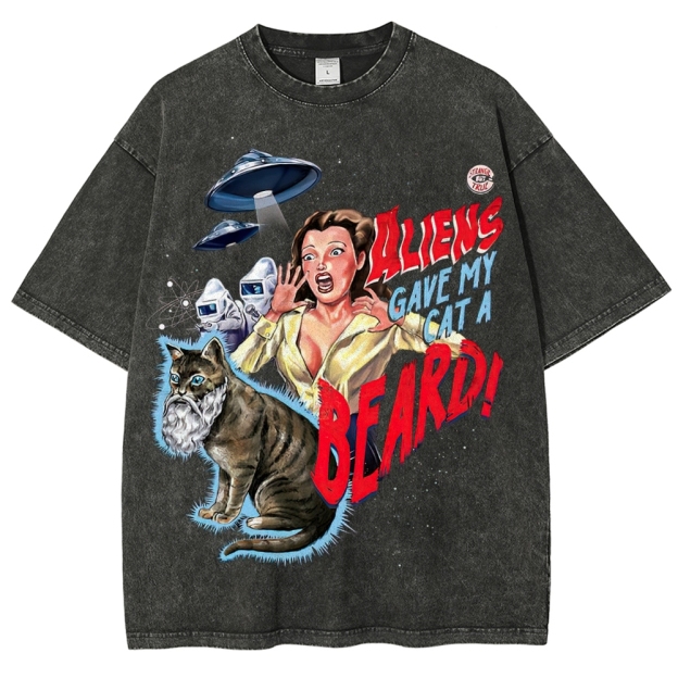 "Aliens Gave My Cat A Beard" Retro B-Movie Washed T-Shirt