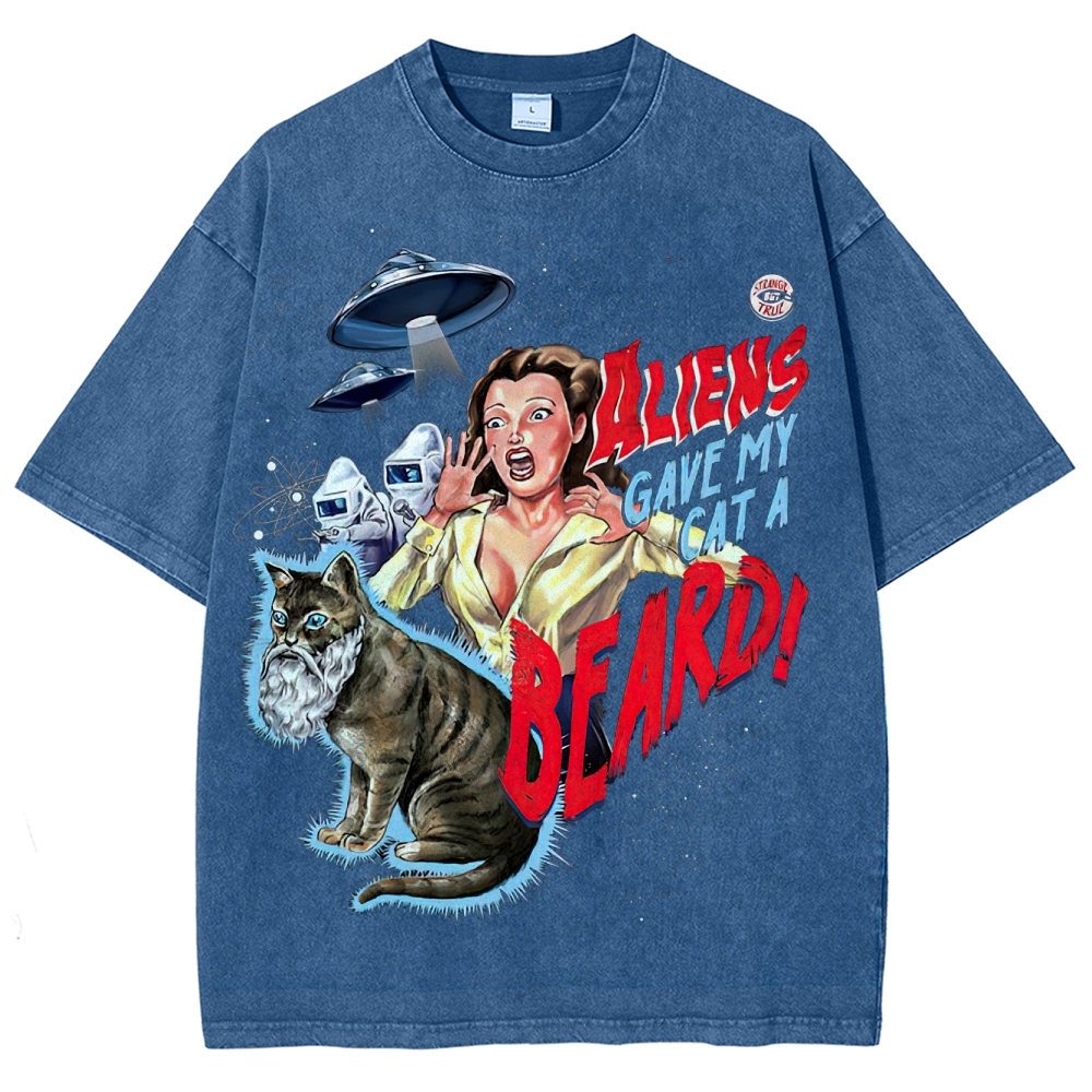 "Aliens Gave My Cat A Beard" Retro B-Movie Washed T-Shirt