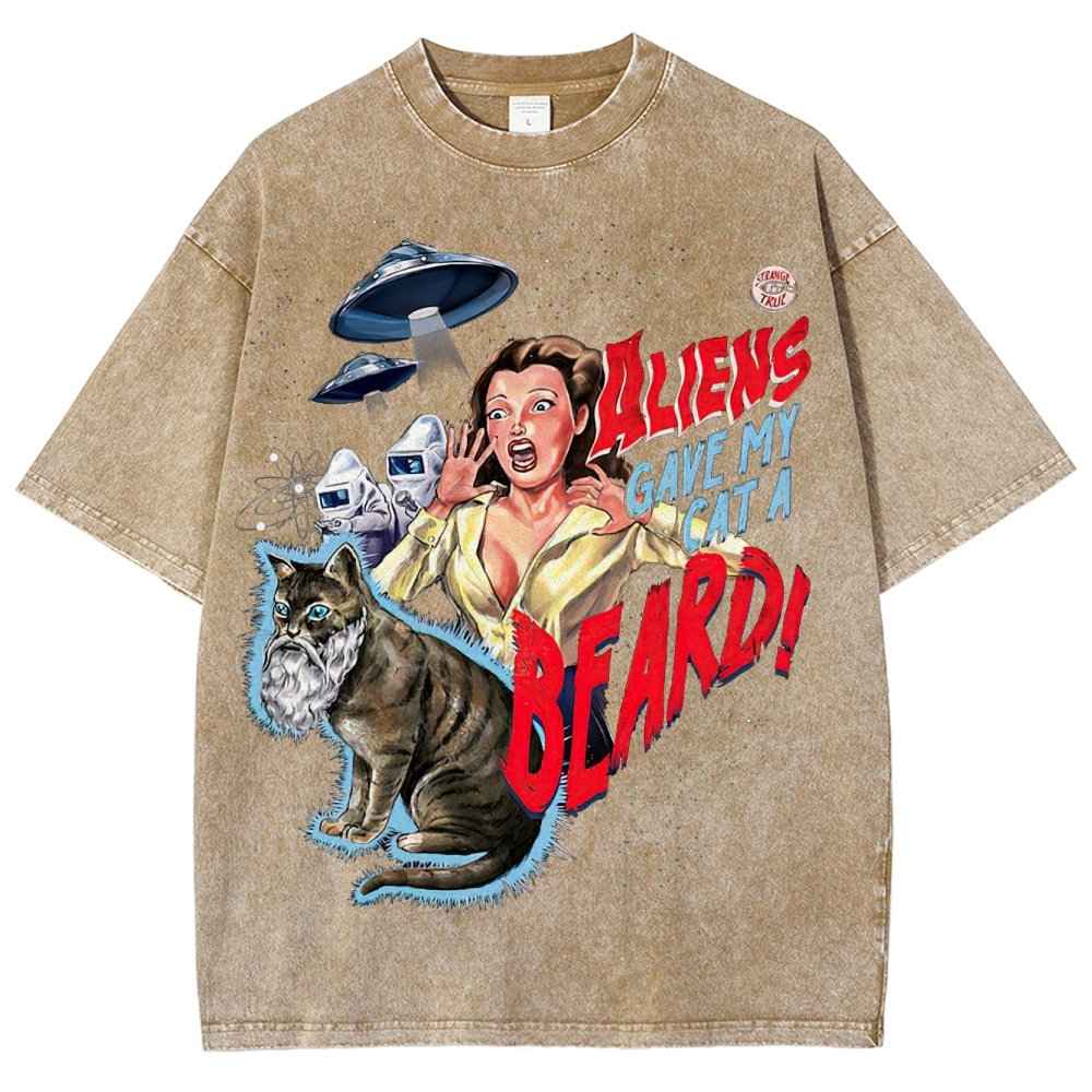 "Aliens Gave My Cat A Beard" Retro B-Movie Washed T-Shirt