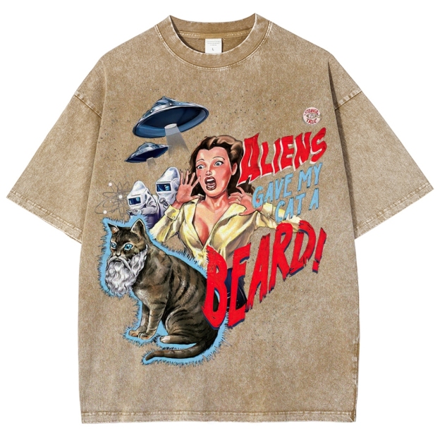 "Aliens Gave My Cat A Beard" Retro B-Movie Washed T-Shirt