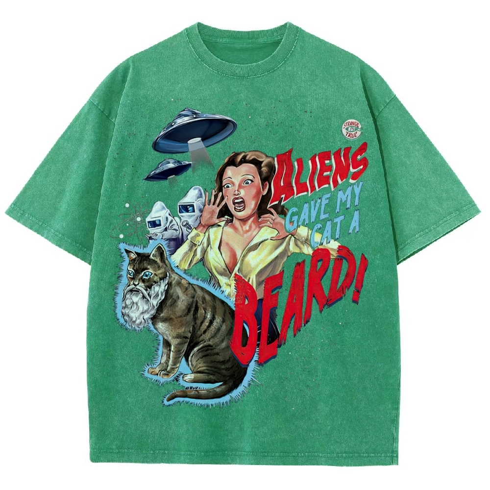 "Aliens Gave My Cat A Beard" Retro B-Movie Washed T-Shirt