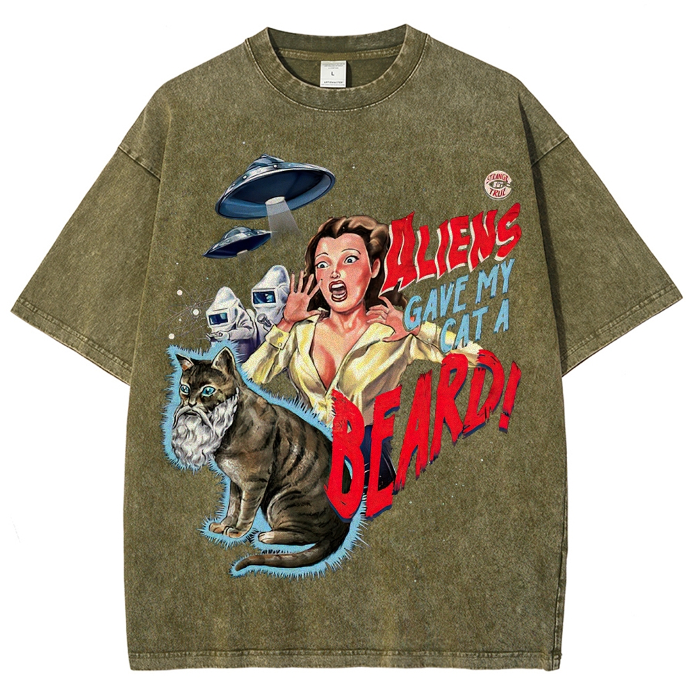 "Aliens Gave My Cat A Beard" Retro B-Movie Washed T-Shirt