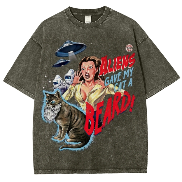 "Aliens Gave My Cat A Beard" Retro B-Movie Washed T-Shirt