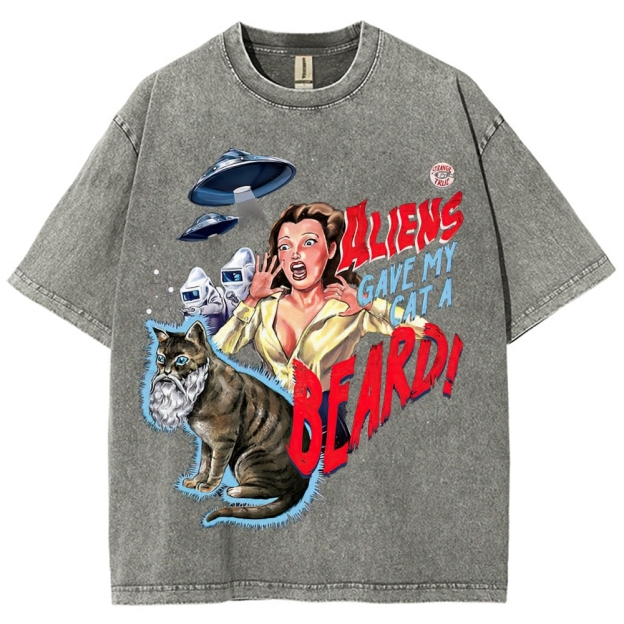 "Aliens Gave My Cat A Beard" Retro B-Movie Washed T-Shirt