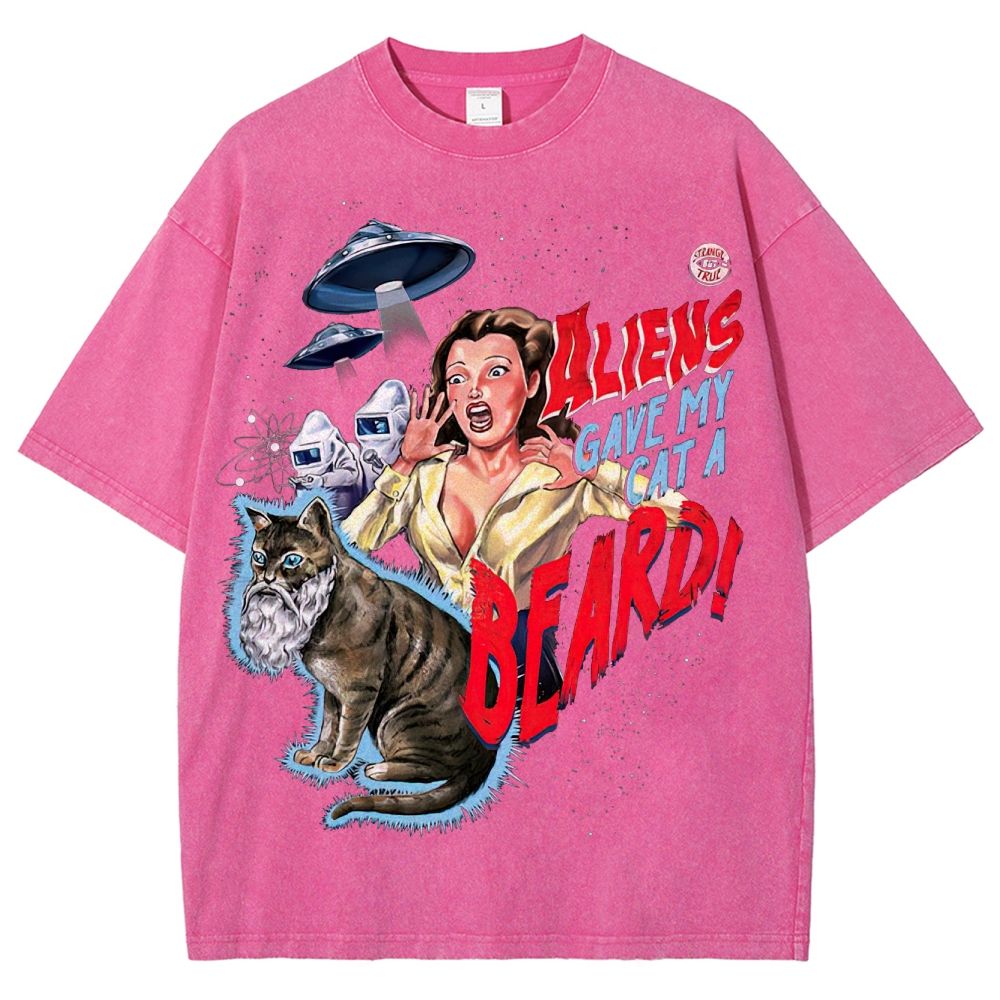 "Aliens Gave My Cat A Beard" Retro B-Movie Washed T-Shirt