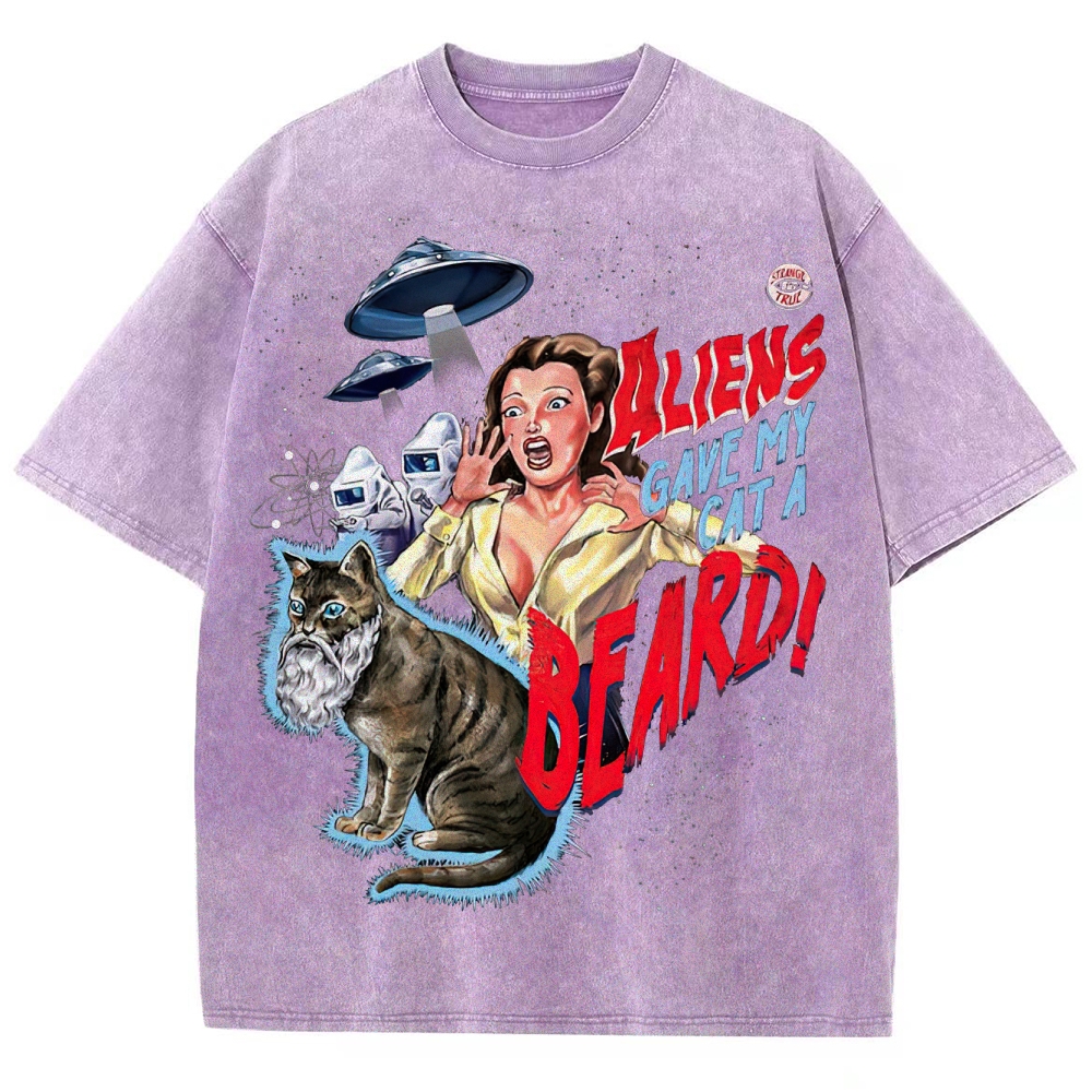 "Aliens Gave My Cat A Beard" Retro B-Movie Washed T-Shirt