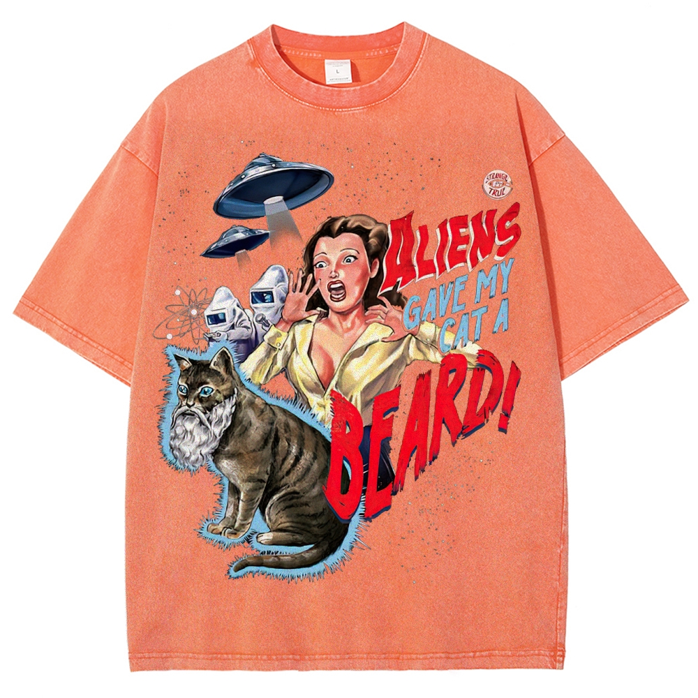 "Aliens Gave My Cat A Beard" Retro B-Movie Washed T-Shirt