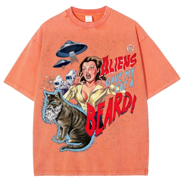 "Aliens Gave My Cat A Beard" Retro B-Movie Washed T-Shirt