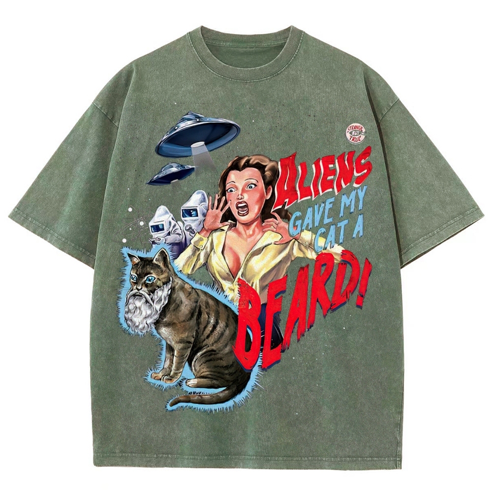 "Aliens Gave My Cat A Beard" Retro B-Movie Washed T-Shirt