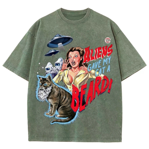 "Aliens Gave My Cat A Beard" Retro B-Movie Washed T-Shirt