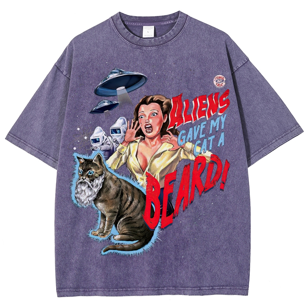 "Aliens Gave My Cat A Beard" Retro B-Movie Washed T-Shirt