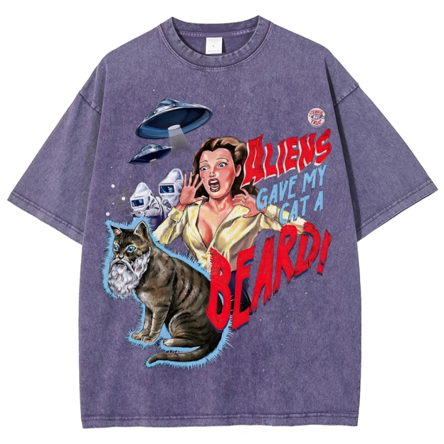 "Aliens Gave My Cat A Beard" Retro B-Movie Washed T-Shirt