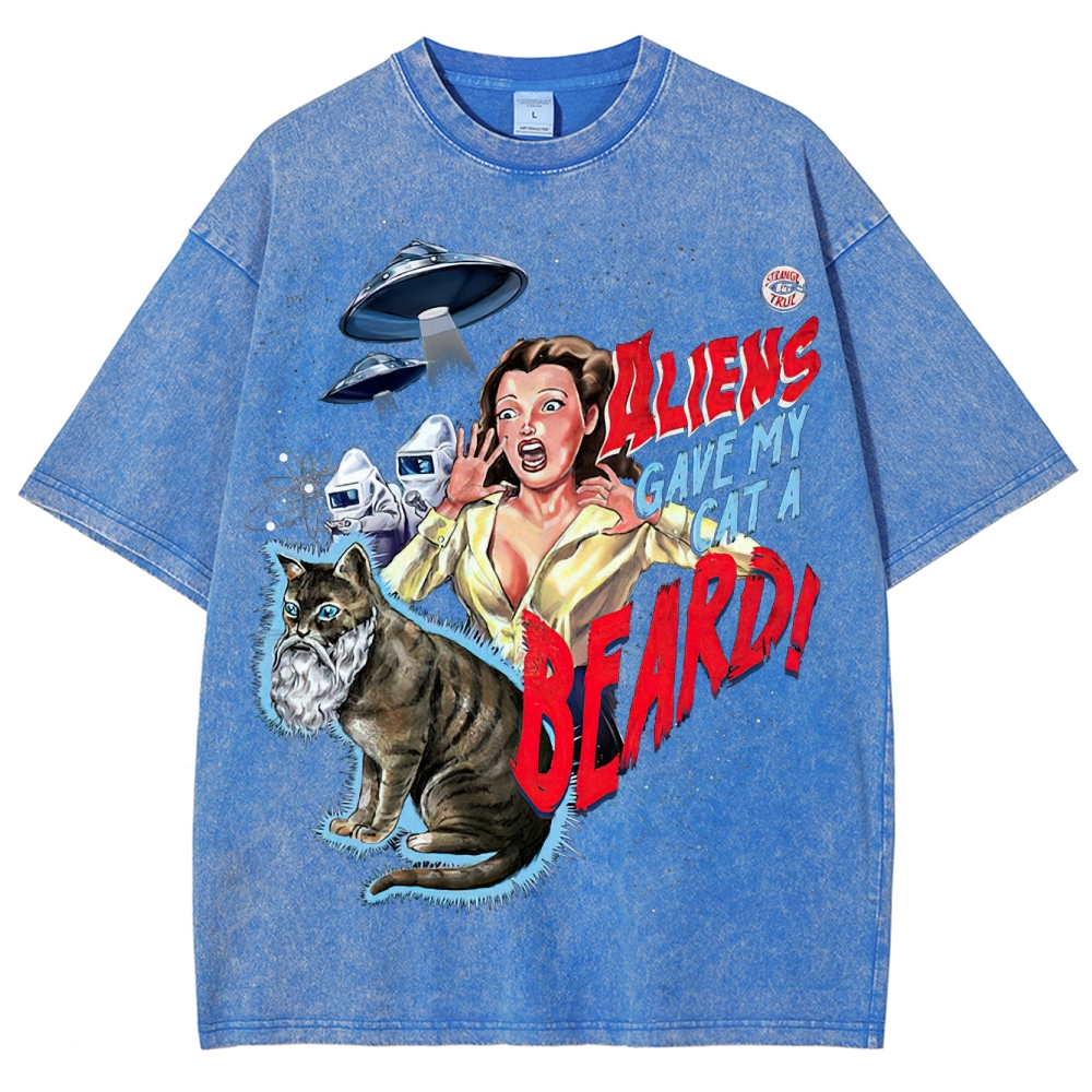 "Aliens Gave My Cat A Beard" Retro B-Movie Washed T-Shirt