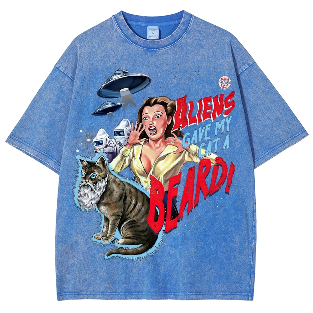 "Aliens Gave My Cat A Beard" Retro B-Movie Washed T-Shirt