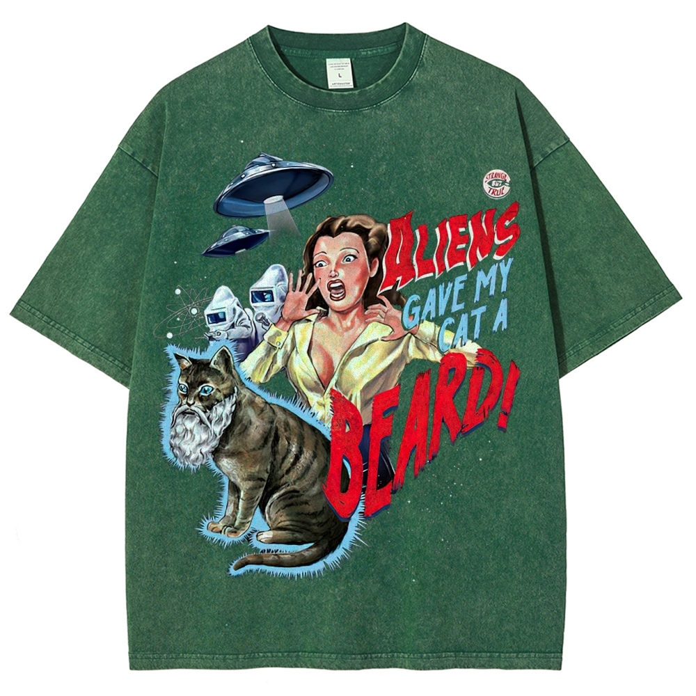 "Aliens Gave My Cat A Beard" Retro B-Movie Washed T-Shirt