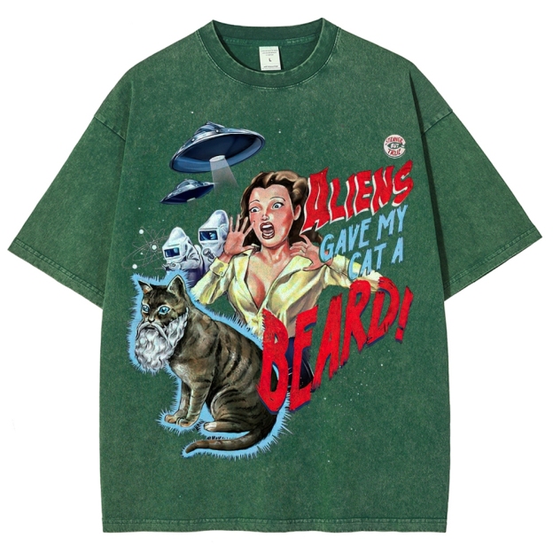 "Aliens Gave My Cat A Beard" Retro B-Movie Washed T-Shirt