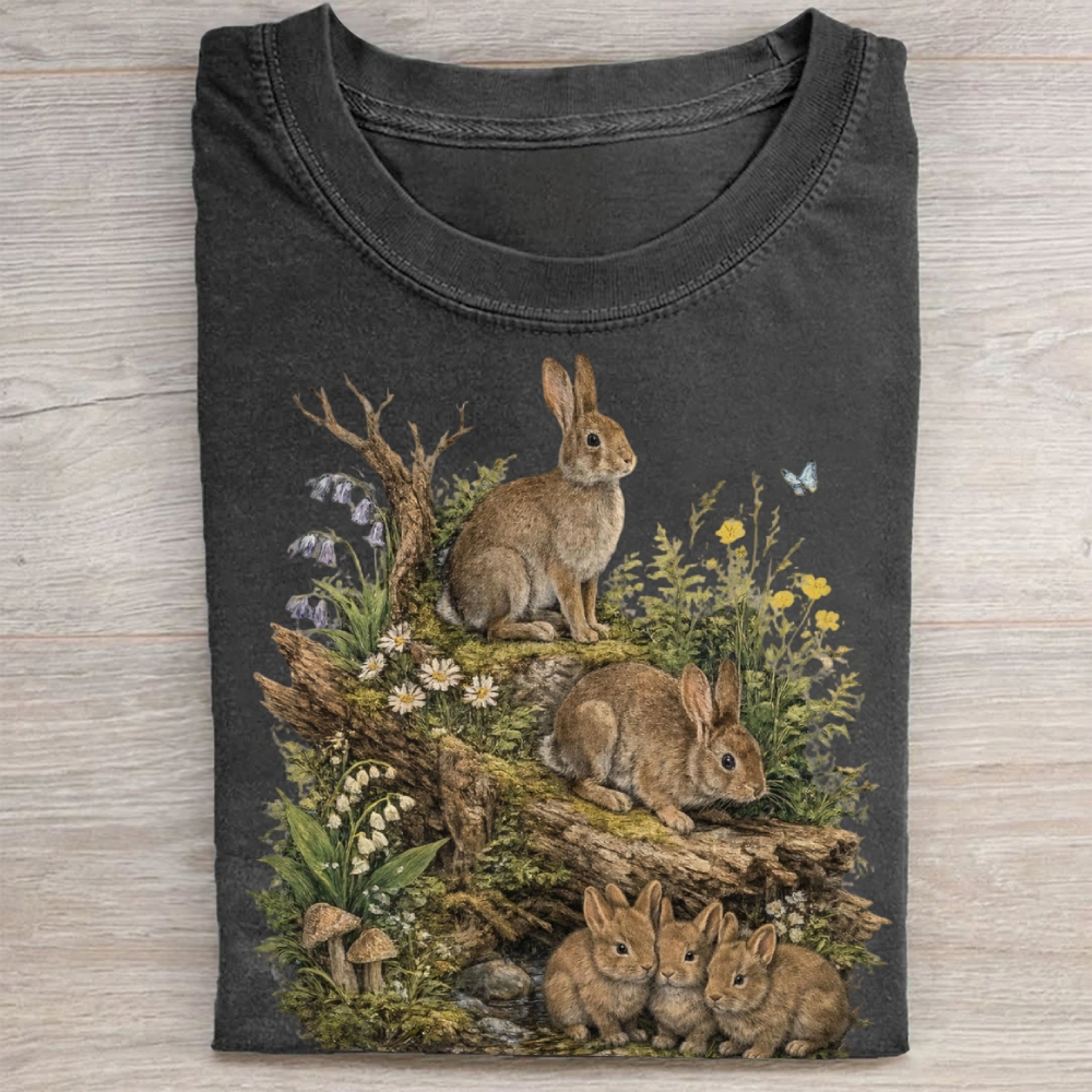 Vintage Woodland Rabbit Graphic Washed Tee 