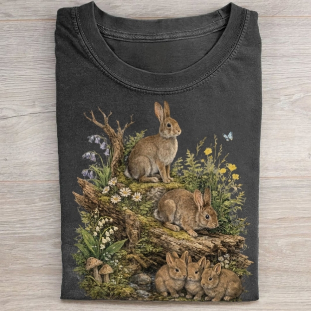 Vintage Woodland Rabbit Graphic Washed Tee 