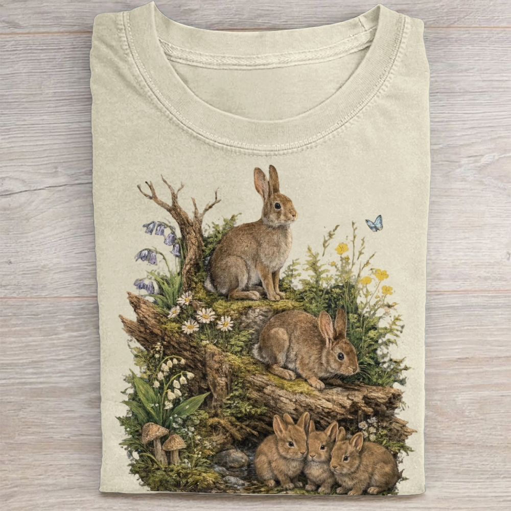 Vintage Woodland Rabbit Graphic Washed Tee 