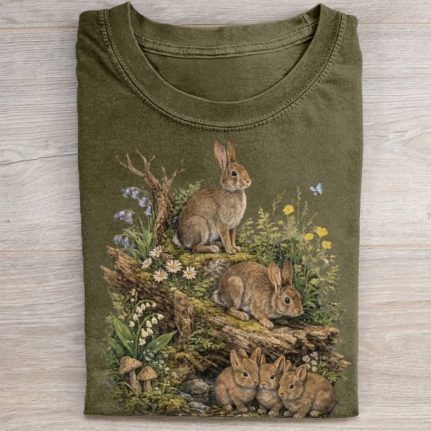 Vintage Woodland Rabbit Graphic Washed Tee 