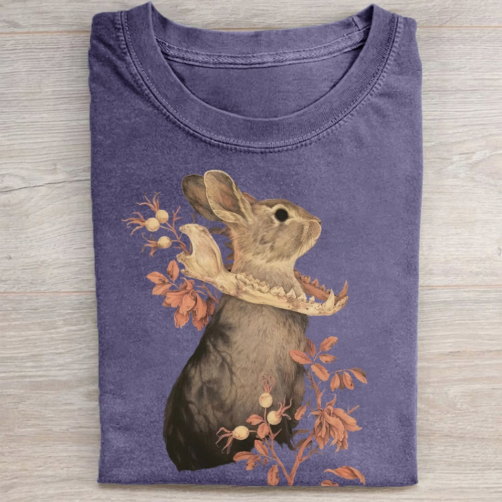 Dark Aesthetic Rabbit Skull Botanical  Washed Tee 
