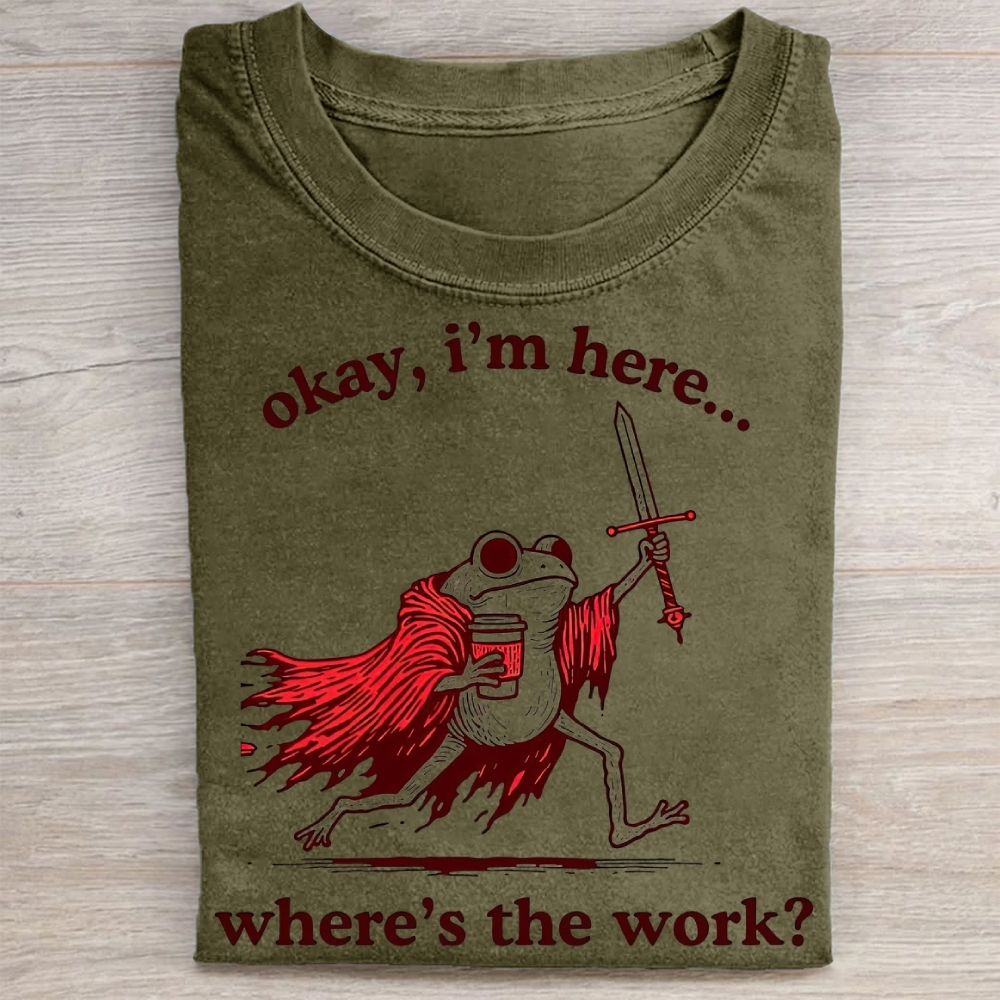 "Okay I'm Here" Warrior Frog Coffee Vintage Washed Tee