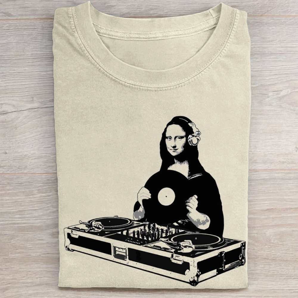 "DJ Mona Lisa" Art Parody Vintage Washed Tee
