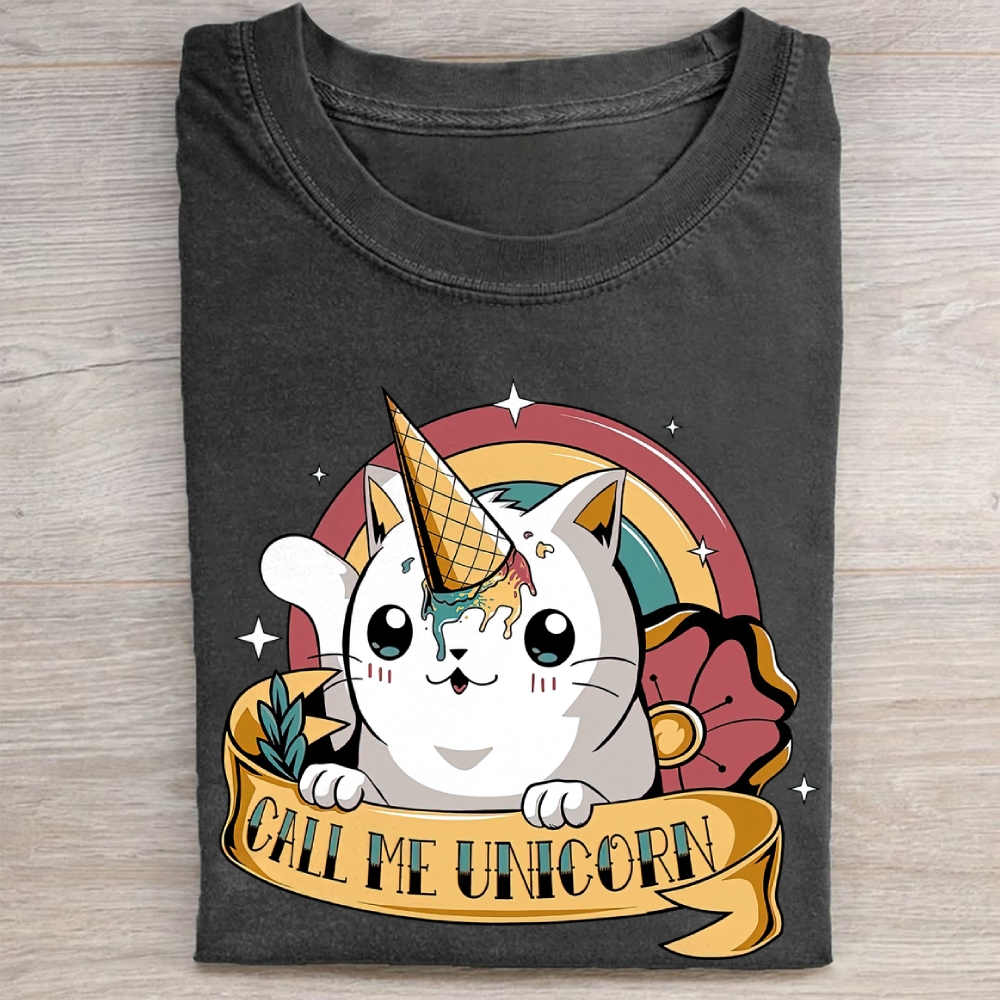 "Call Me Unicorn" Ice Cream Caticorn Vintage Washed Tee