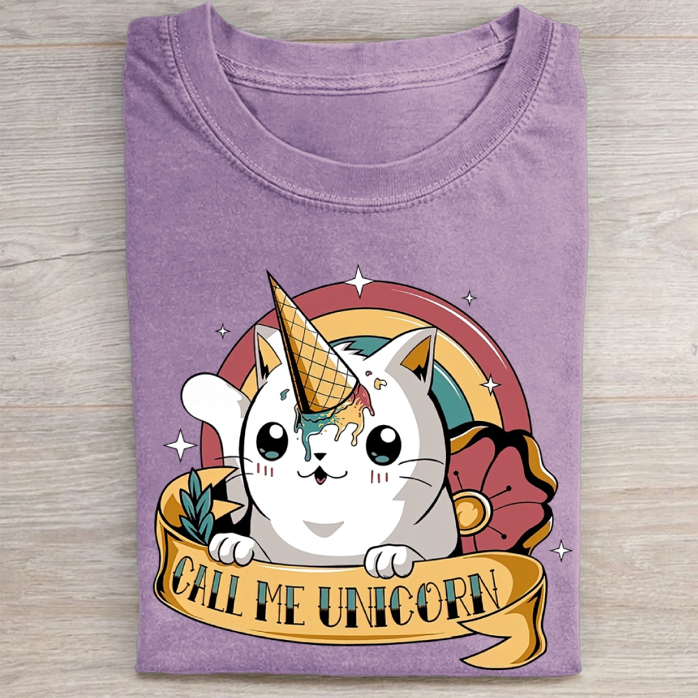 "Call Me Unicorn" Ice Cream Caticorn Vintage Washed Tee