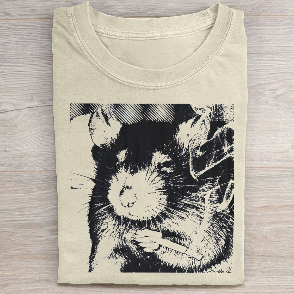 Rat Smoking Cigarette  Washed Tee 