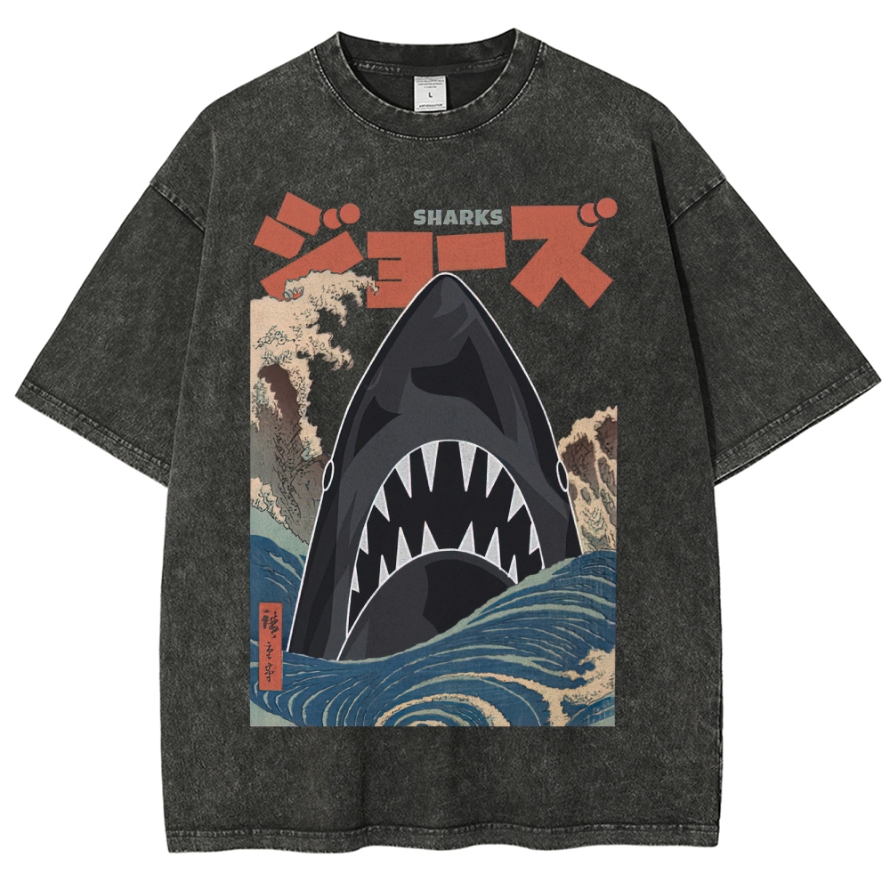 "Ukiyo-e Sharks" Jaws Parody Washed T-Shirt