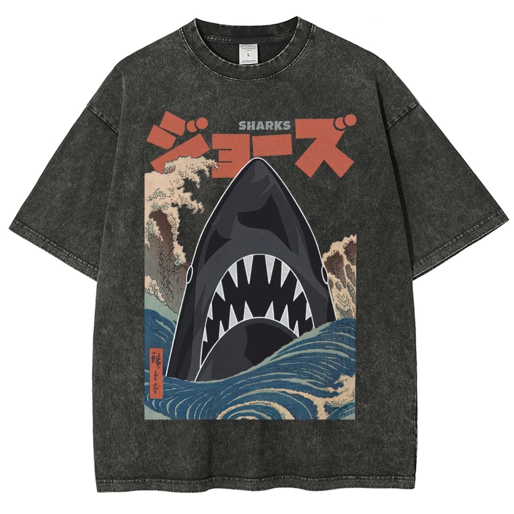 "Ukiyo-e Sharks" Jaws Parody Washed T-Shirt