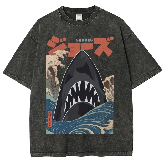 "Ukiyo-e Sharks" Jaws Parody Washed T-Shirt