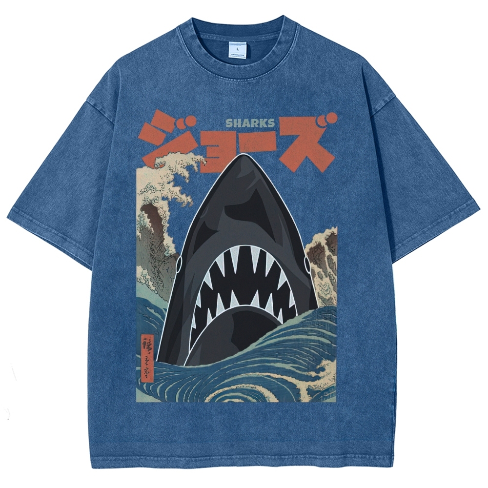 "Ukiyo-e Sharks" Jaws Parody Washed T-Shirt