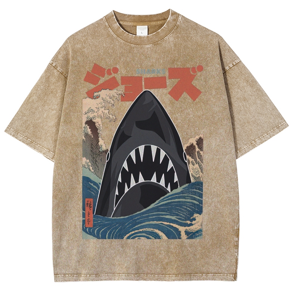 "Ukiyo-e Sharks" Jaws Parody Washed T-Shirt
