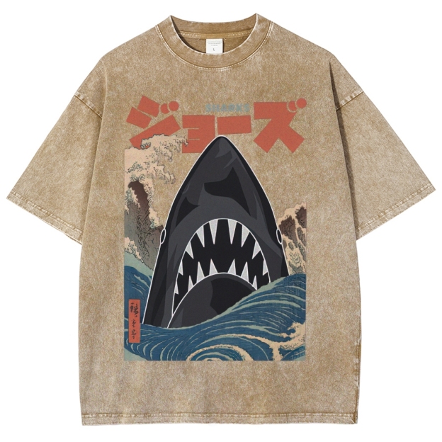 "Ukiyo-e Sharks" Jaws Parody Washed T-Shirt