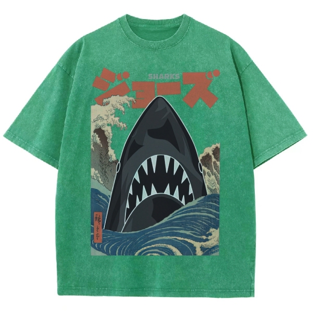 "Ukiyo-e Sharks" Jaws Parody Washed T-Shirt