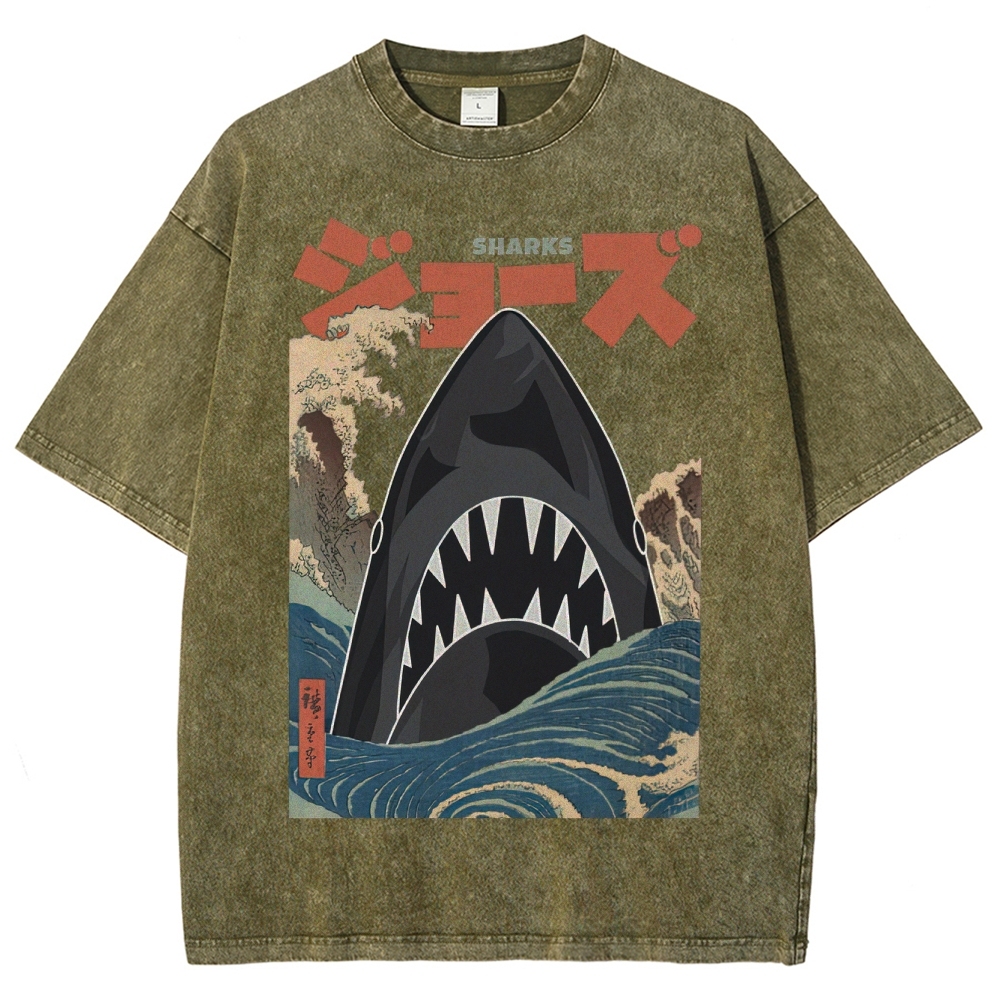 "Ukiyo-e Sharks" Jaws Parody Washed T-Shirt